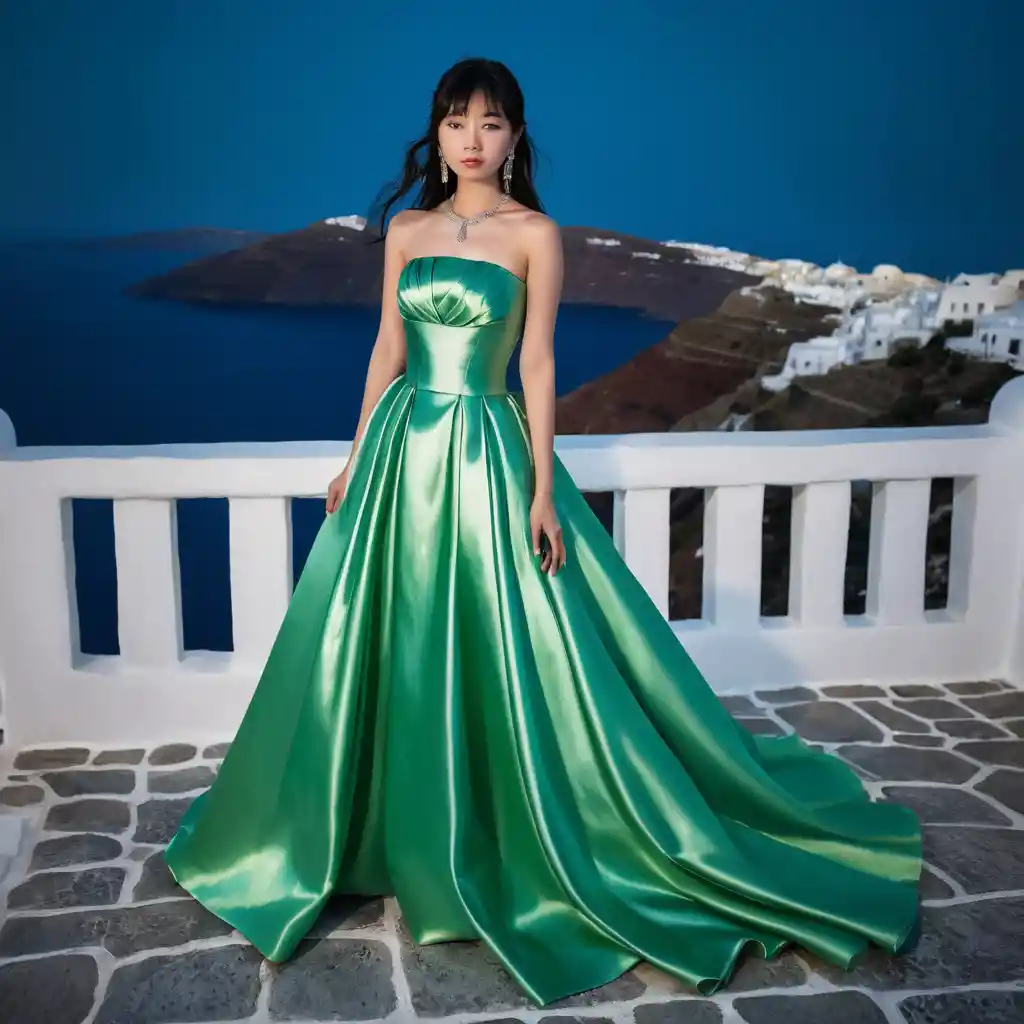 Elegante japonesa em vestido de cetim verde à noite