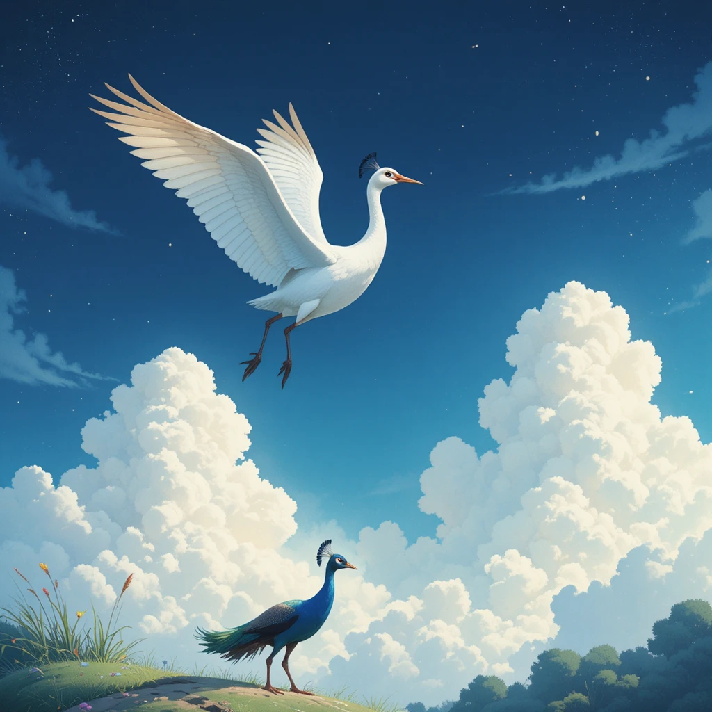 Ilustração de garça branca voando em um céu azul suave