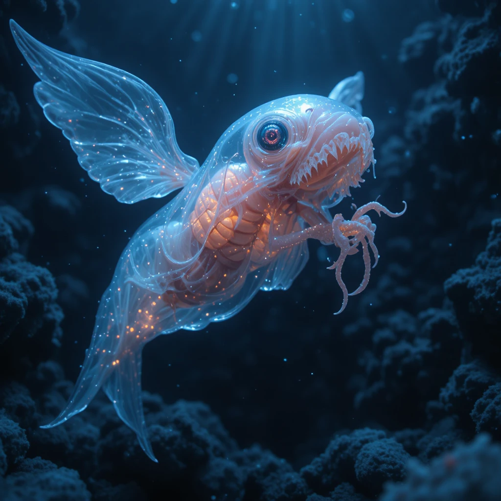 Translucent sea angel drifting in dark icy ocean depths
