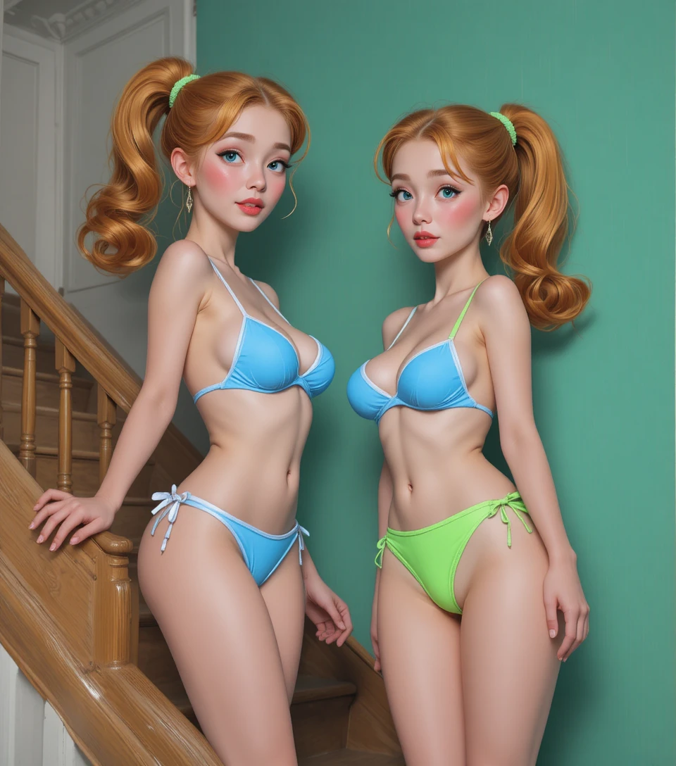 Blonde Pin-up-Frau auf Holztreppe in vintage Interieur