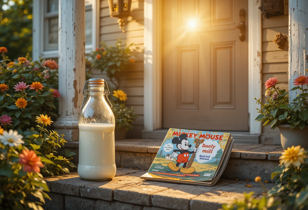 Vintage-Milchflasche und Zeitschrift auf sonniger Haustürschwelle