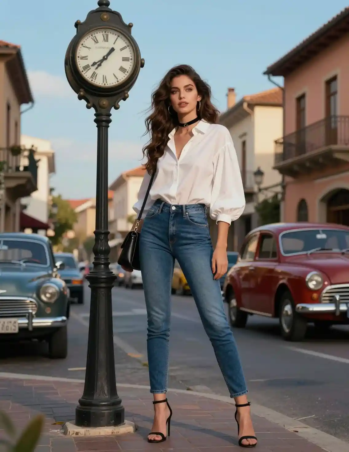 Stylish Italian woman by vintage street clock in town