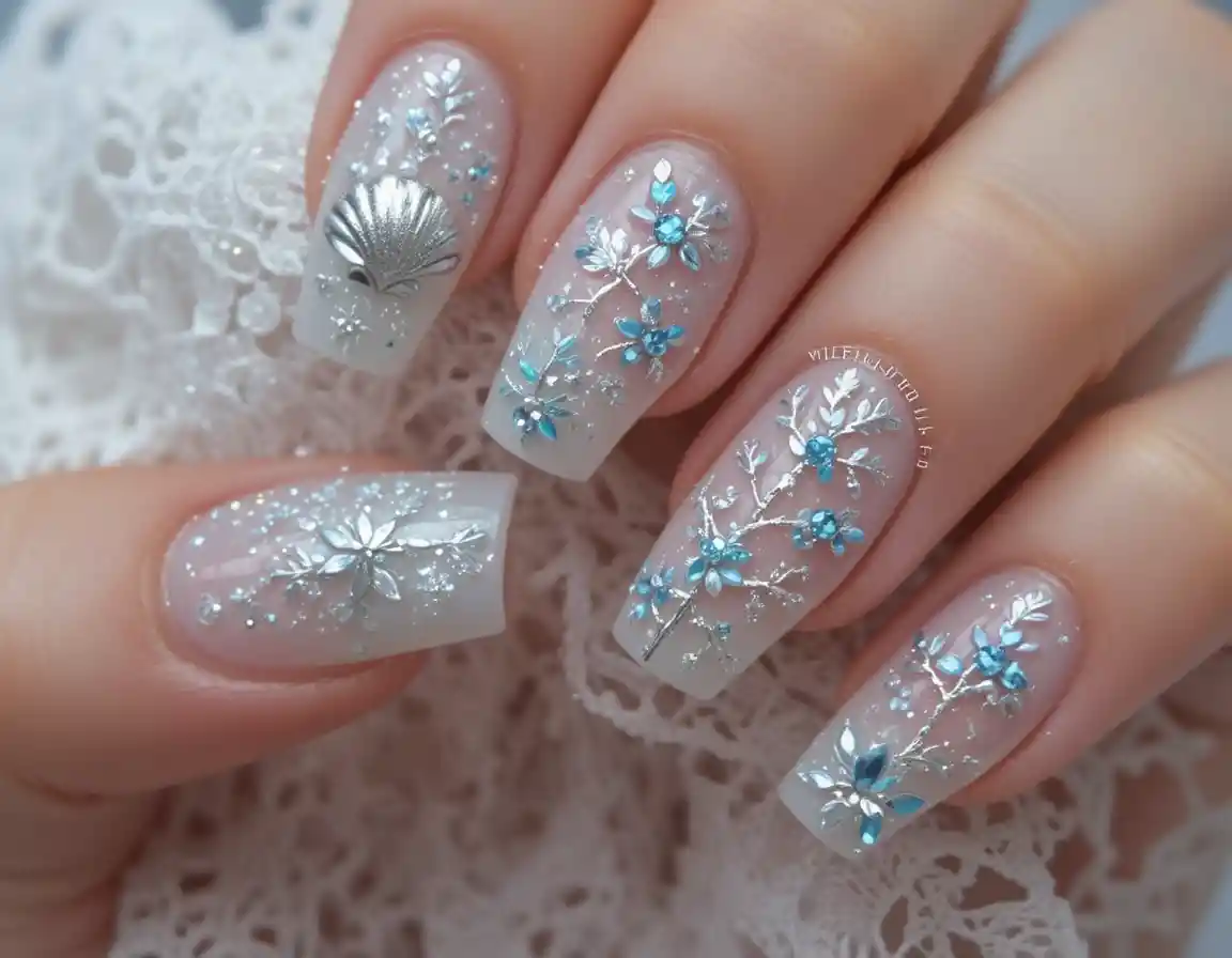 Manicure invernale con nail art in argento ghiacciato e blu