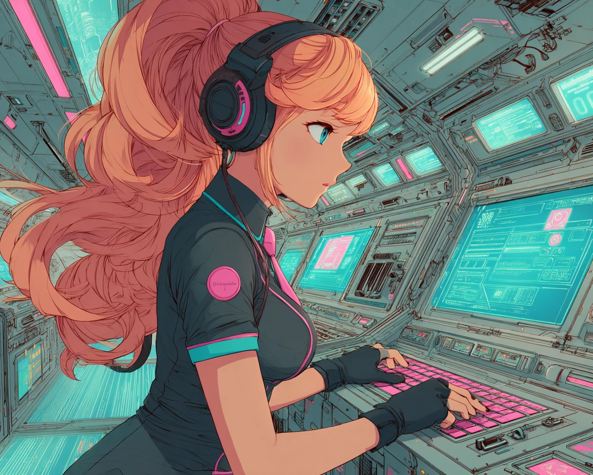 Operador de anime en bahía de control de nave espacial iluminada con neón