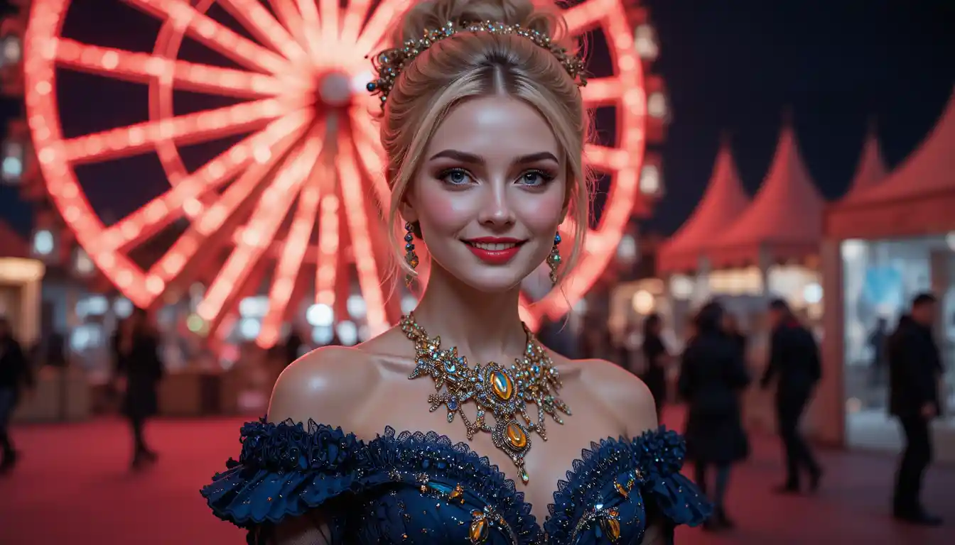 Smiling blonde woman in ornate blue gown under red light