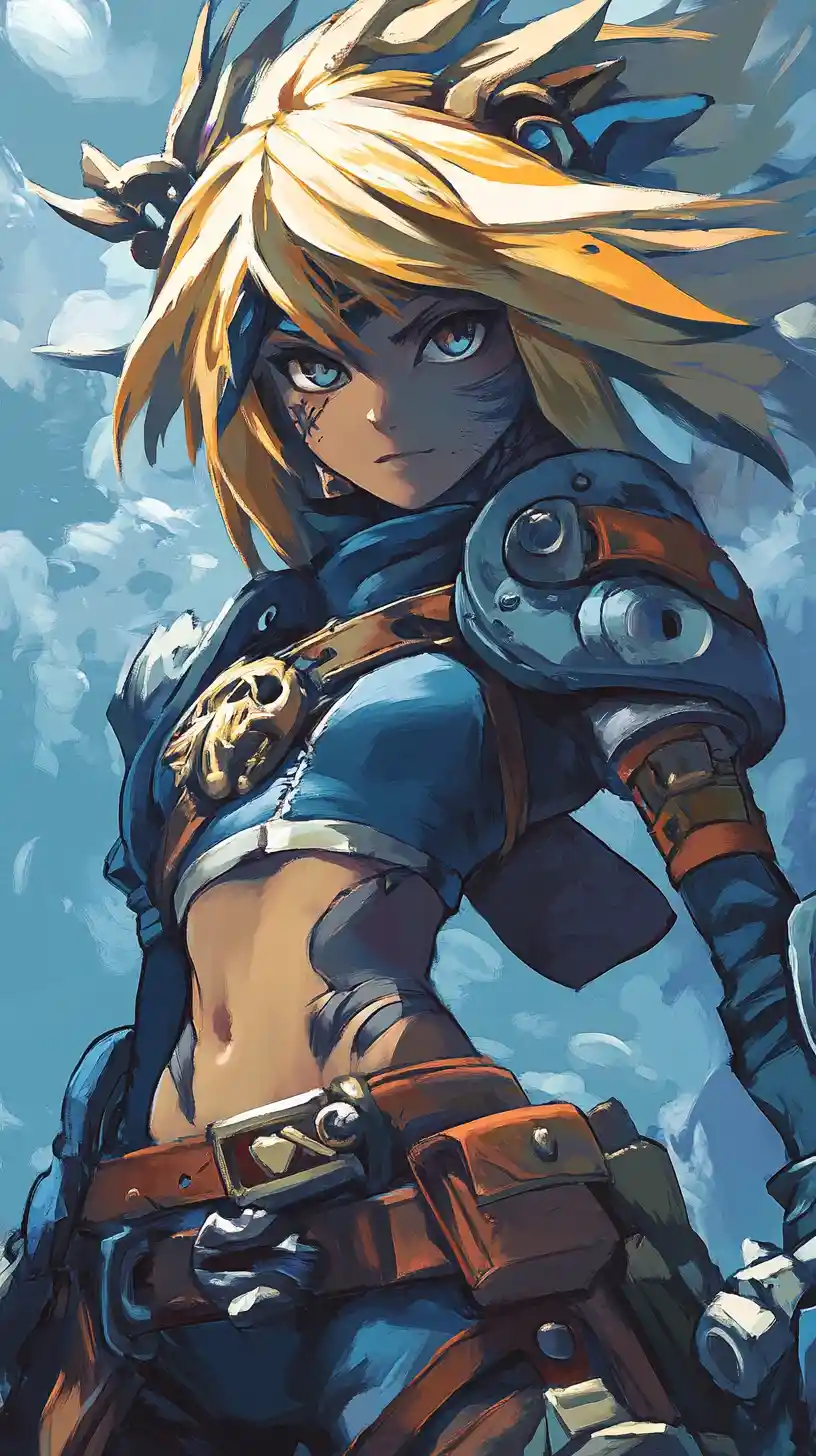 Close up anime warrior woman with tattoos and armor