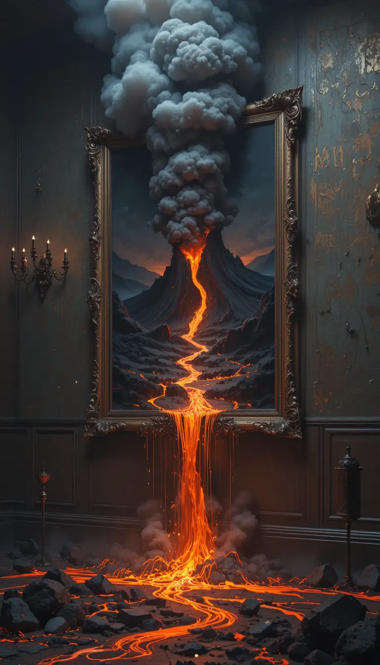 Lava vulcanica che erutta da un quadro incorniciato sul pavimento