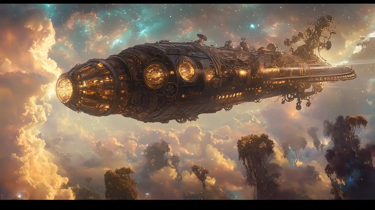 Steampunk-Luftschiff über einem bizarren außerirdischen Dschungelhimmel