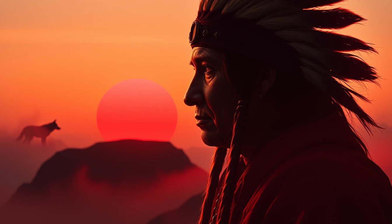 静かな夕暮れのシルエットに浮かぶシュールなシャーマンの肖像
