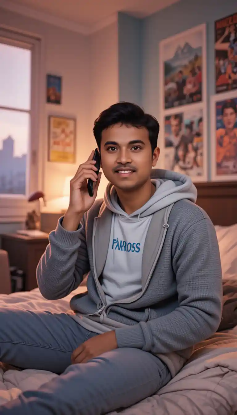 Adolescent indien sur son lit parlant joyeusement au téléphone