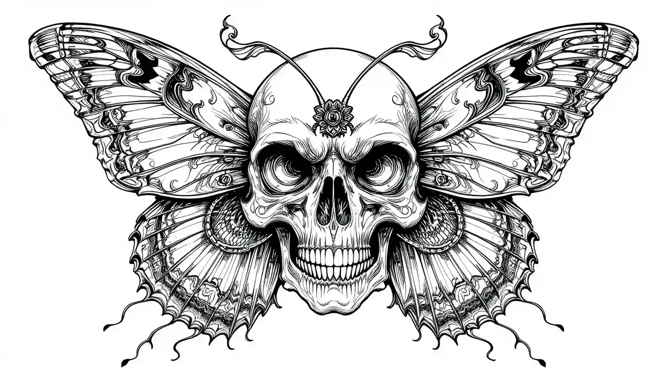 Art linéaire de papillon gothique avec crâne pour coloriage adulte