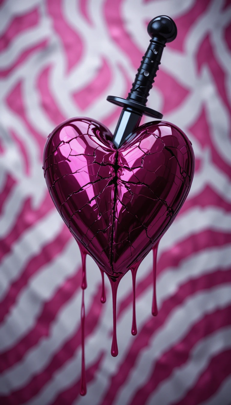 Coração de folha metálica perfurado por adaga com sangue rosa pingando