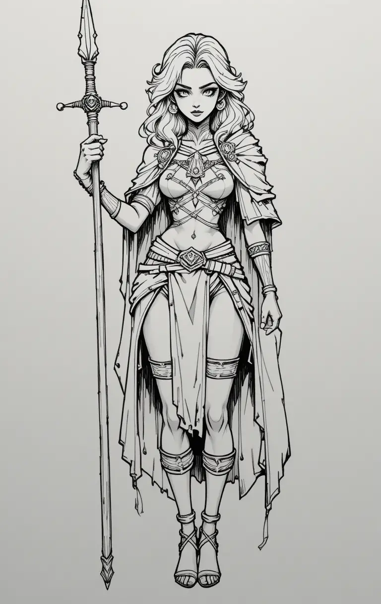 Guerrière blonde féroce en armure tribale en dessin