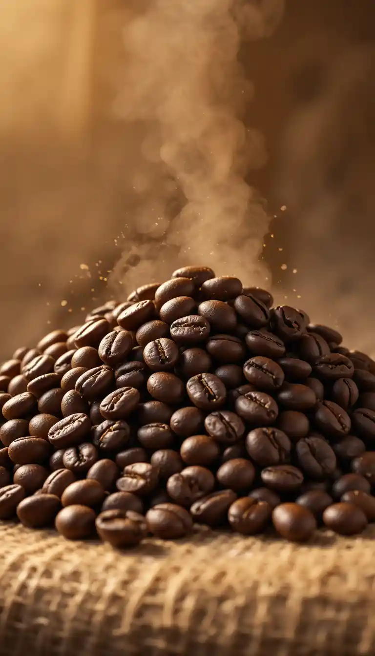Roasted coffee beans on burlap in warm soft light
