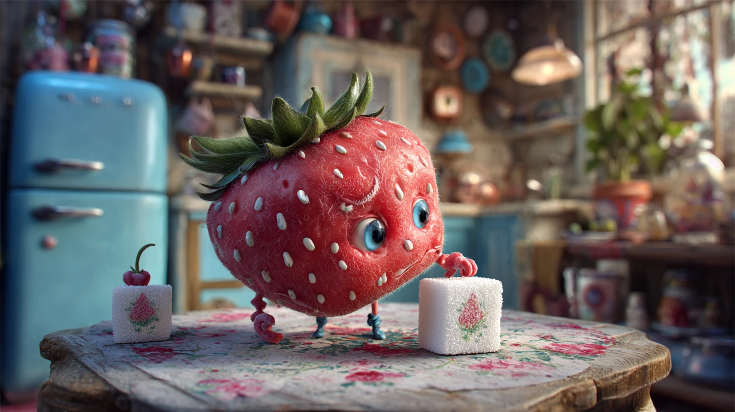 Whimsical Strawberry Eating Sugar In A Vintage Kitchen