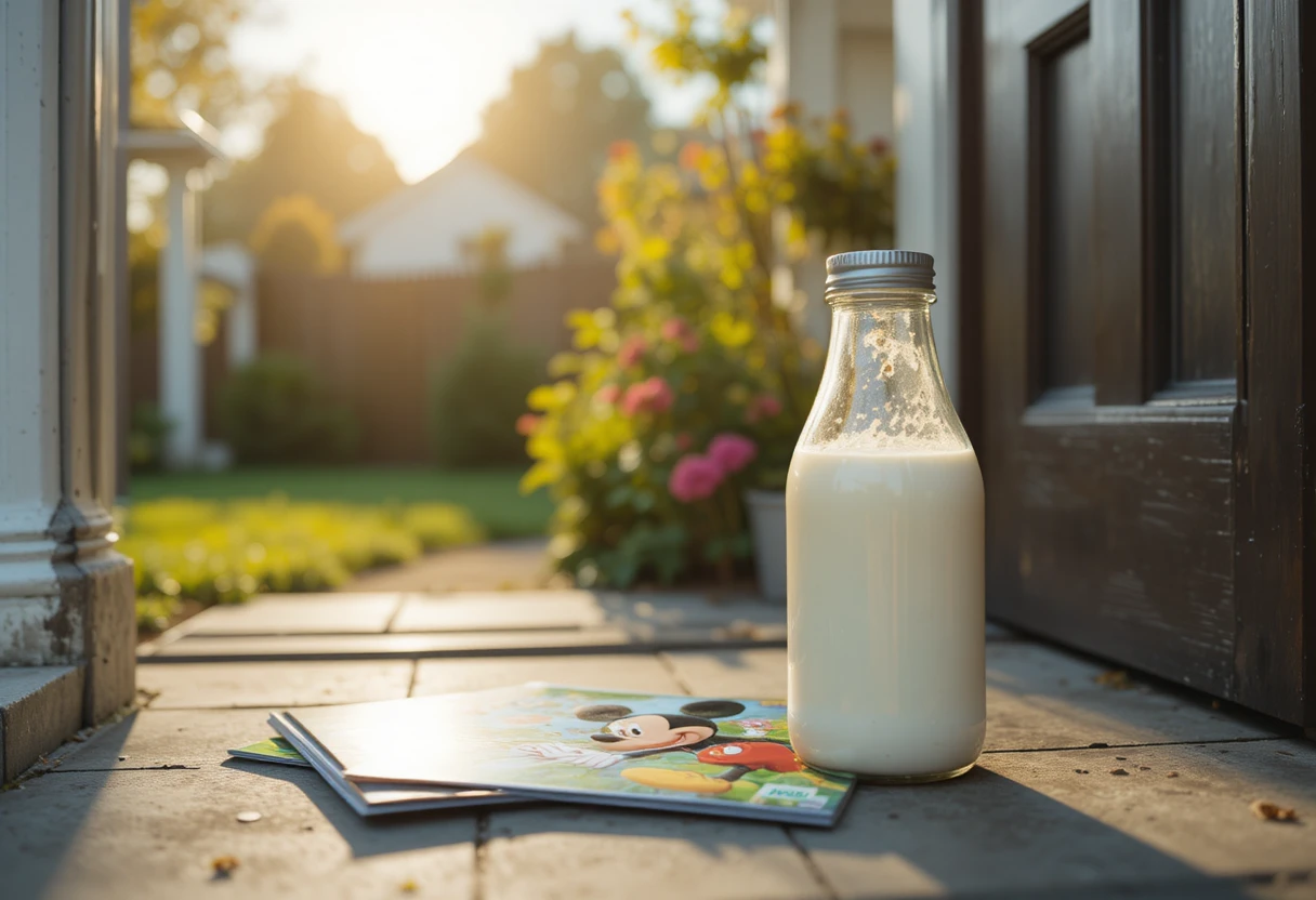 Milchflasche und Kinderzeitschrift auf sonniger Haustürschwelle