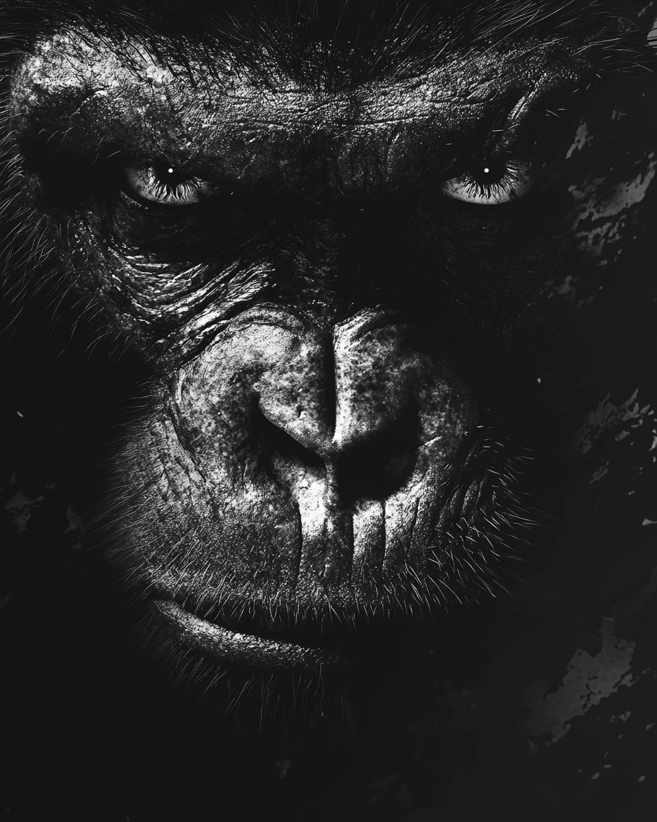 Close up horror ape portrait with piercing menacing eyes