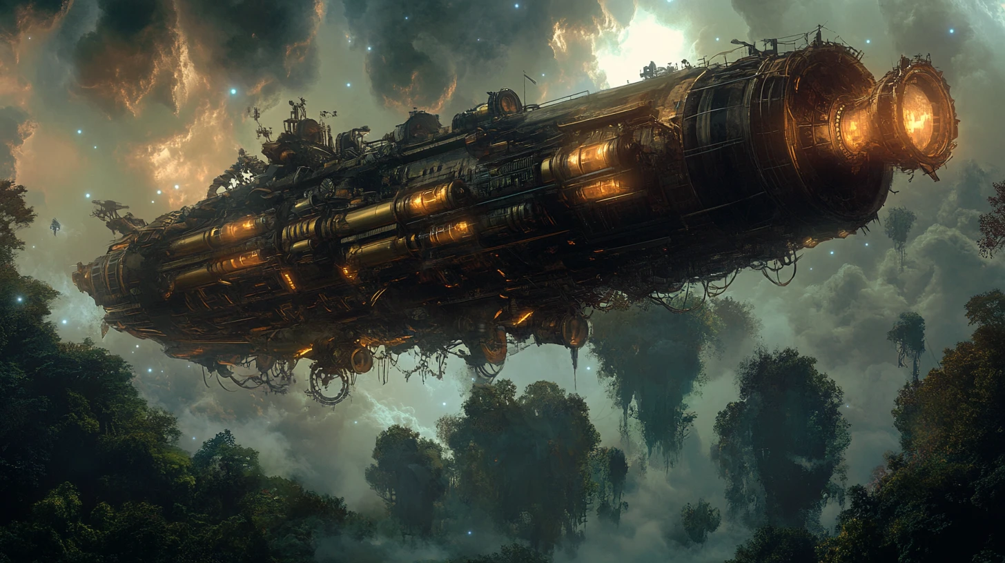 Dirigível steampunk sobre um céu luminoso de selva alienígena