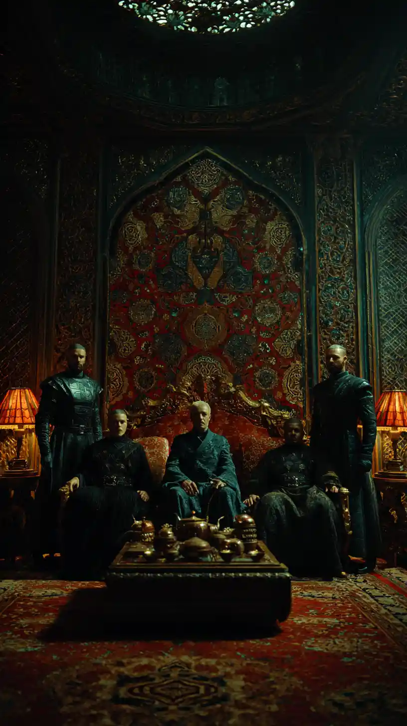 Futuristic guards outside a royal cyberpunk palace bedroom