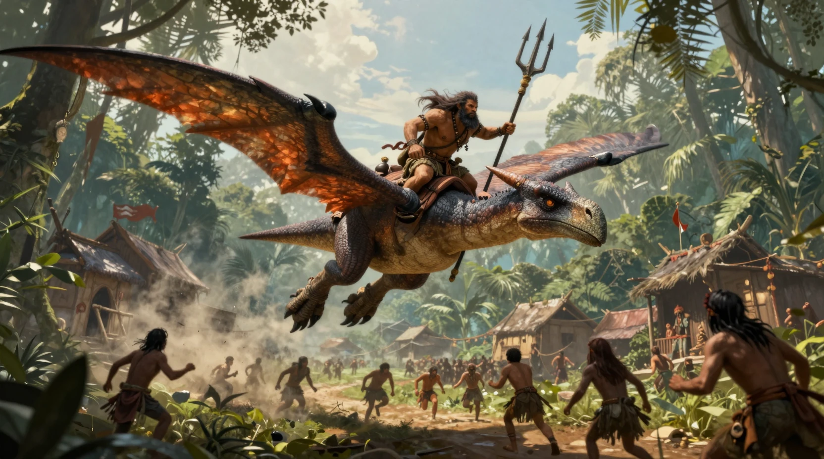 Barbar, der auf einem Pterodaktylus über ein Dschungeldorf reitet