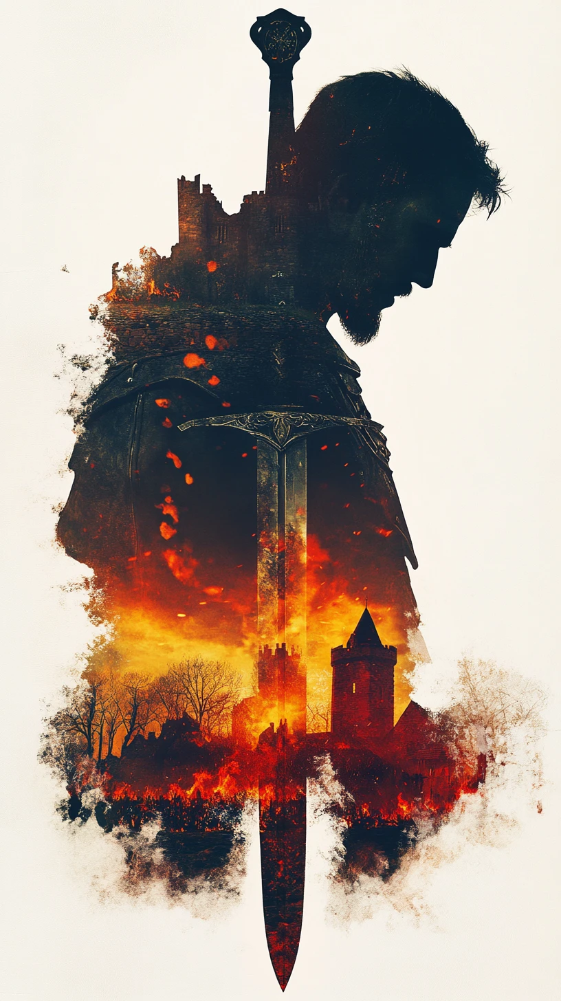 二重露光の剣のシルエットと城と戦場