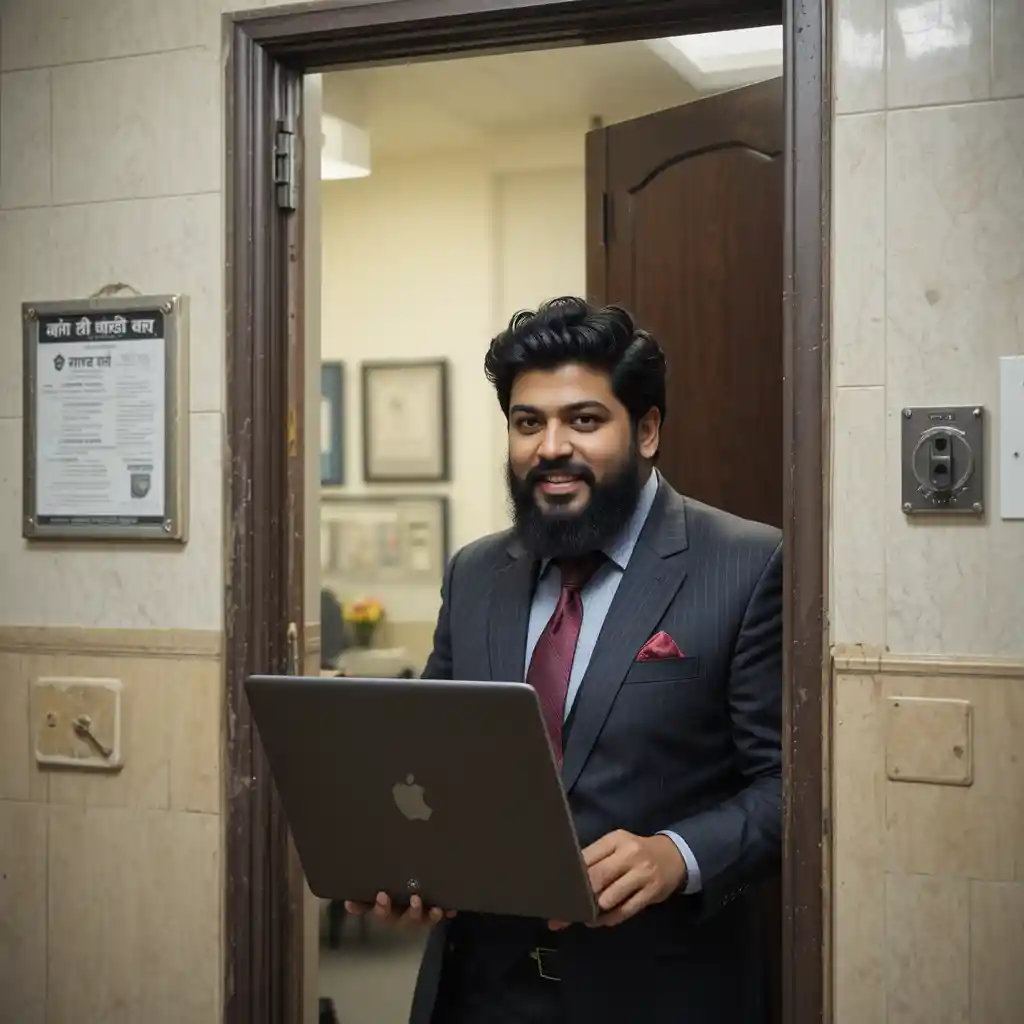 Cartoon rabbit in a tie entering a modern office doorway