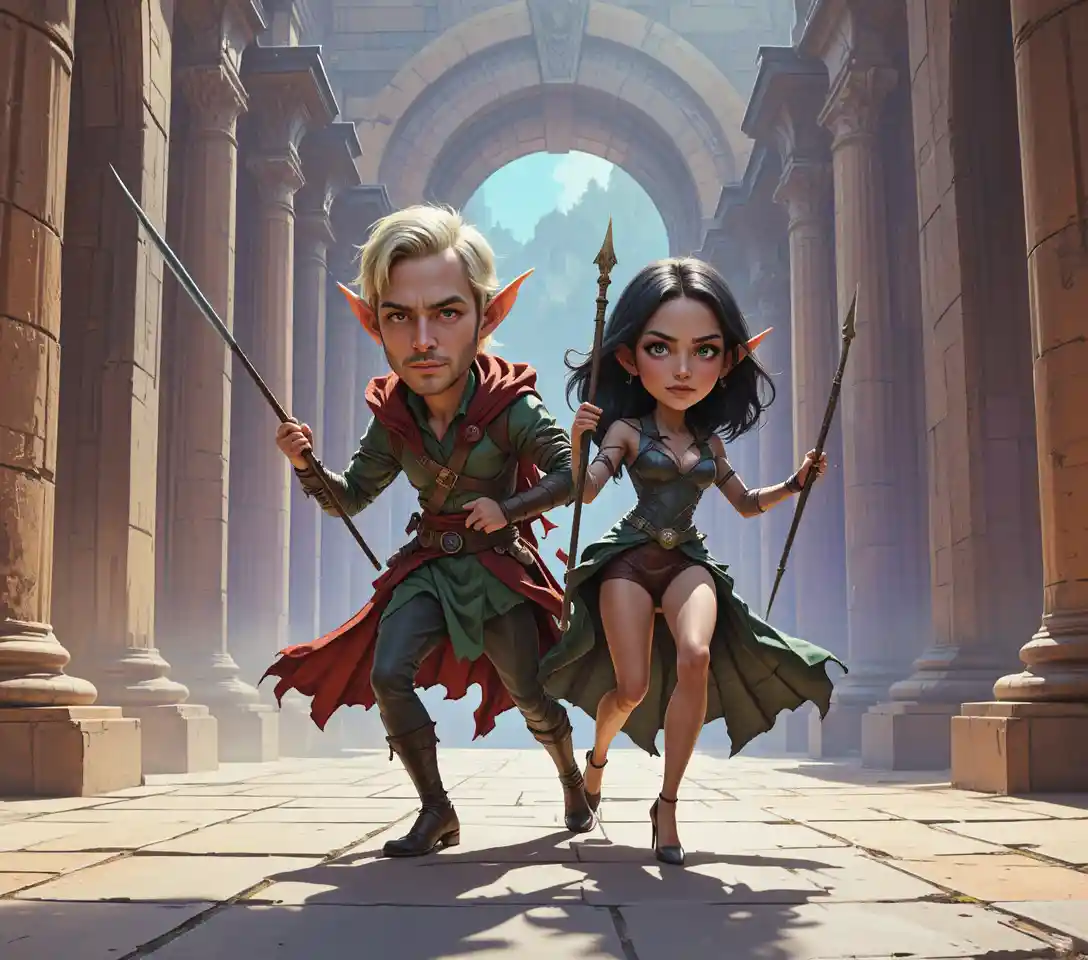 Elf warrior and woman fighter in dramatic fantasy ruins