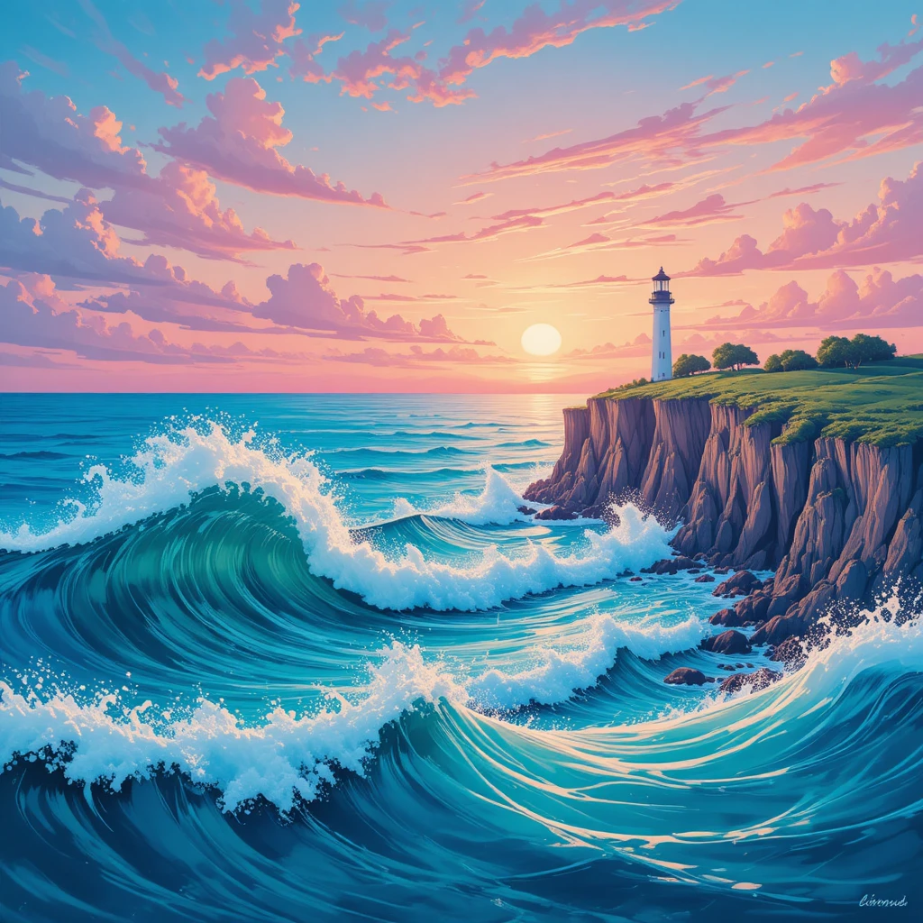 Surreal sunrise lighthouse above teal ocean waves