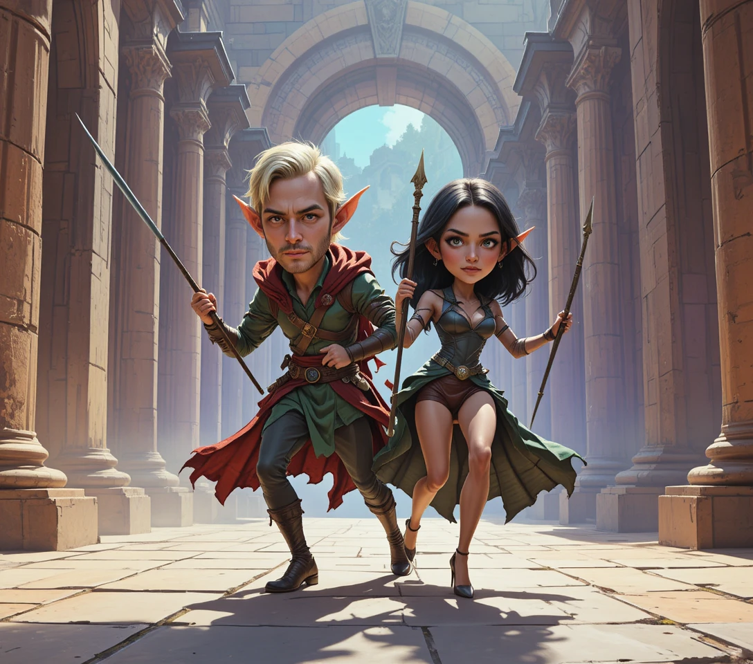 Elf warrior and woman fighter in dramatic fantasy ruins
