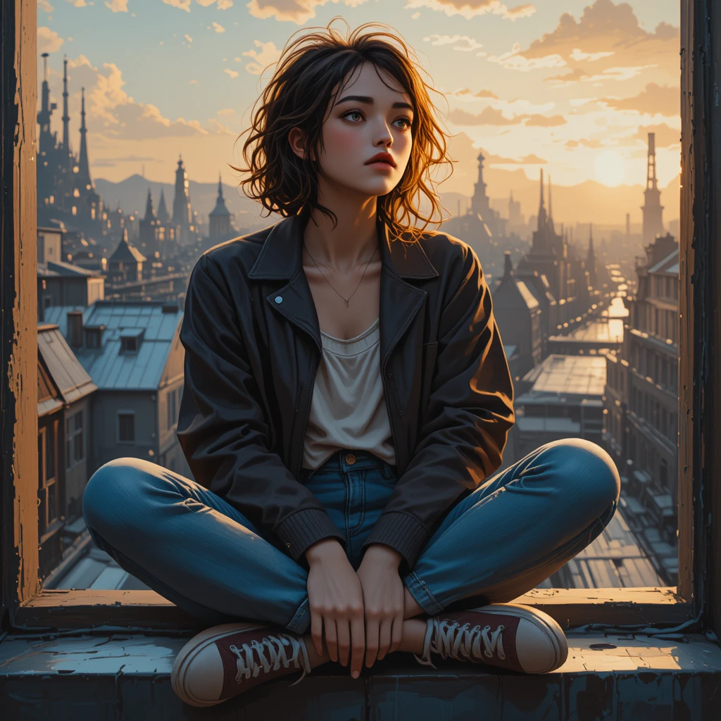 Young woman sitting on a city rooftop at sunset