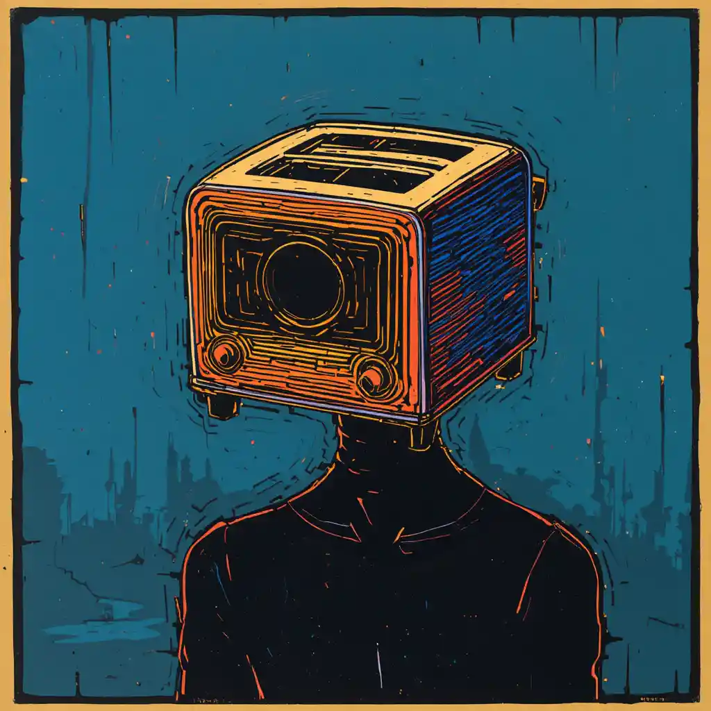 Linocut Portrait Of A Toaster Head Figure In Negative Space