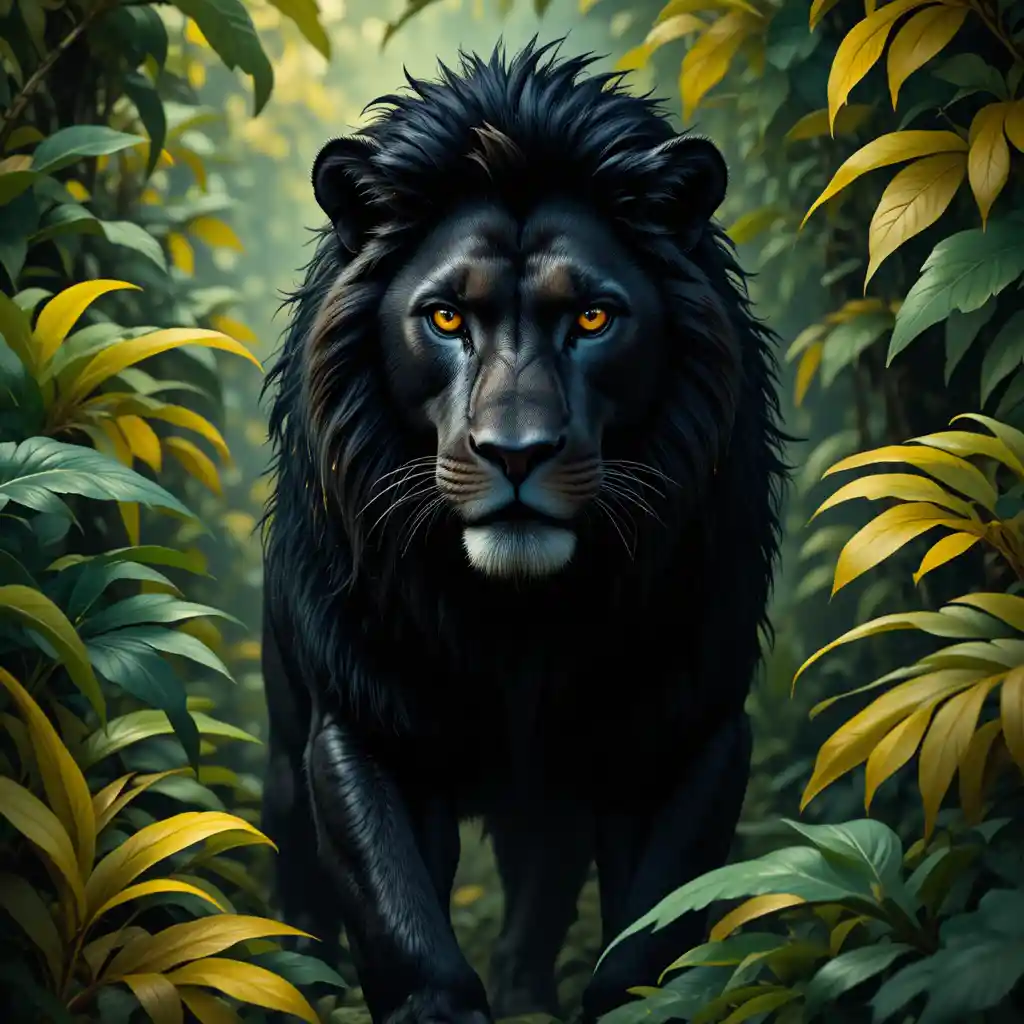 Lion sombre aux yeux dorés dans une jungle colorée