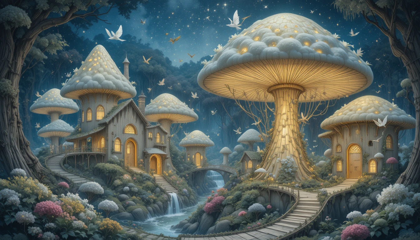 Enchanted fairy village among glowing mushroom homes