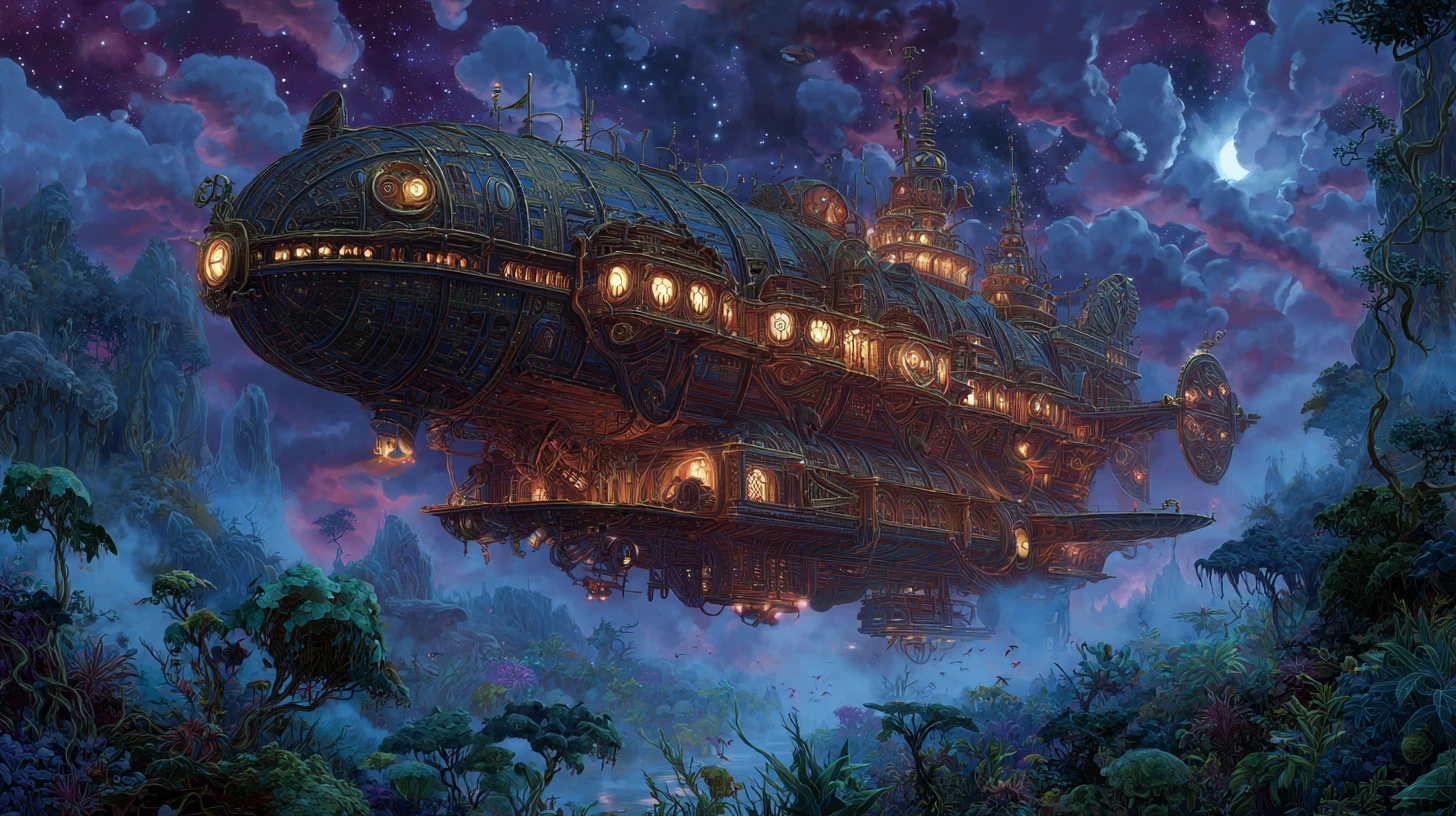 Dirigível steampunk sobrevoando uma selva alienígena surreal