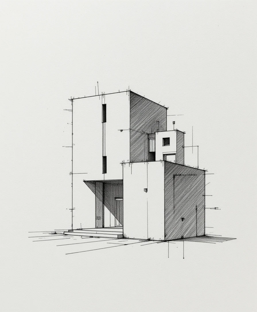 Disegno minimalista a matita di un singolo edificio architettonico
