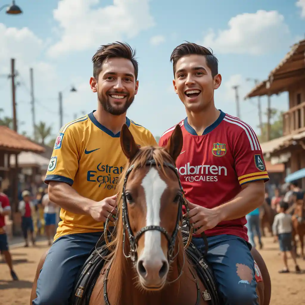 Zwei pummelige Fußballstars reiten auf einem Pferd durch ein Dorf
