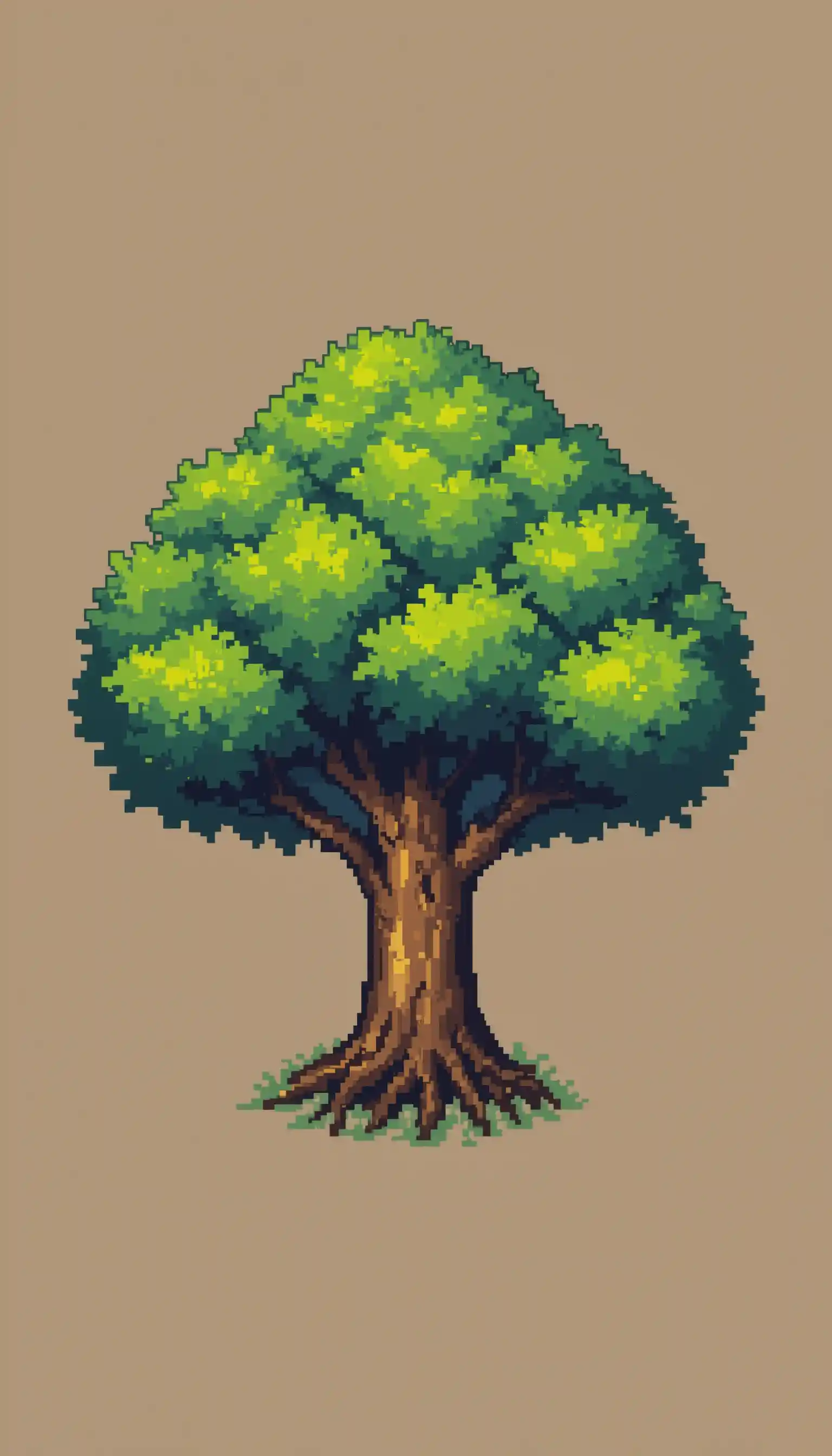 Pixelbaum aus der Vogelperspektive mit braunem Stamm und grünen Blättern