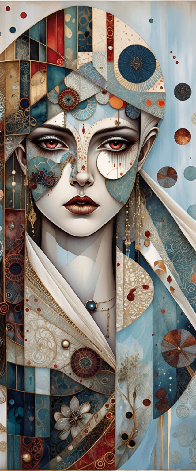 Surreal cyan female portrait in fragmented collage patterns