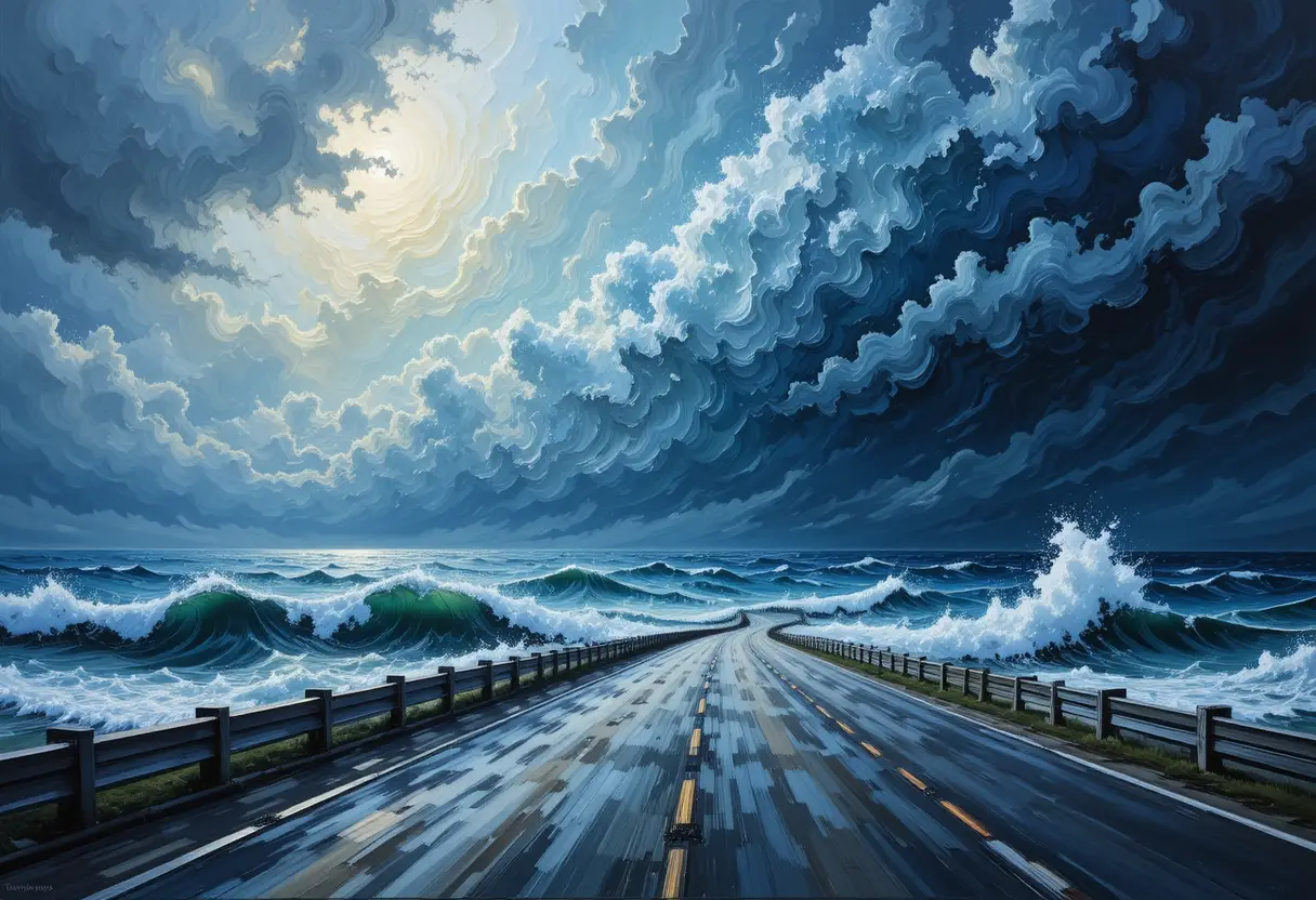 Tempestade sombria rugindo sobre o mar aberto e ondulante