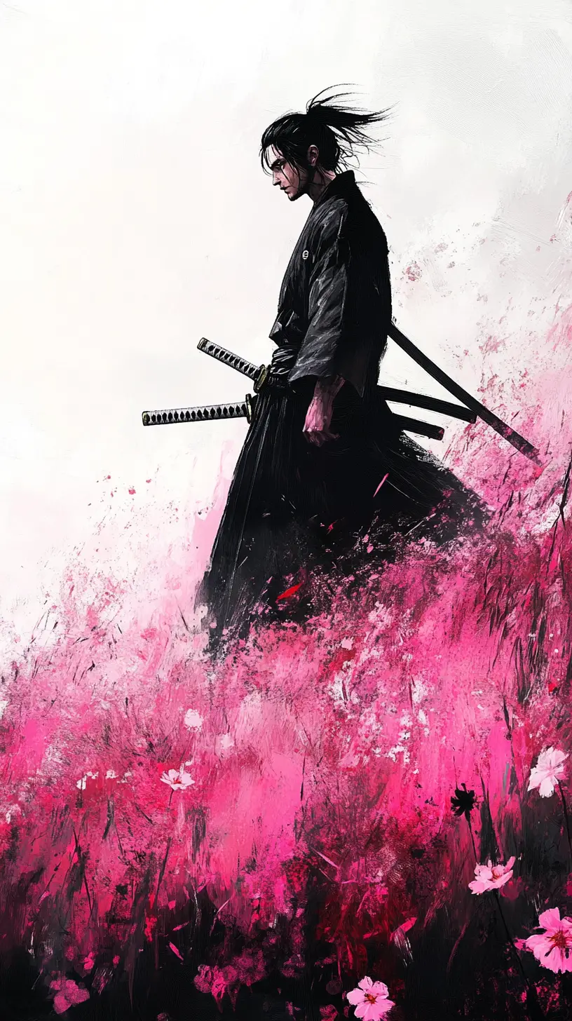 ピンクの野花畑を歩く侍の戦士
