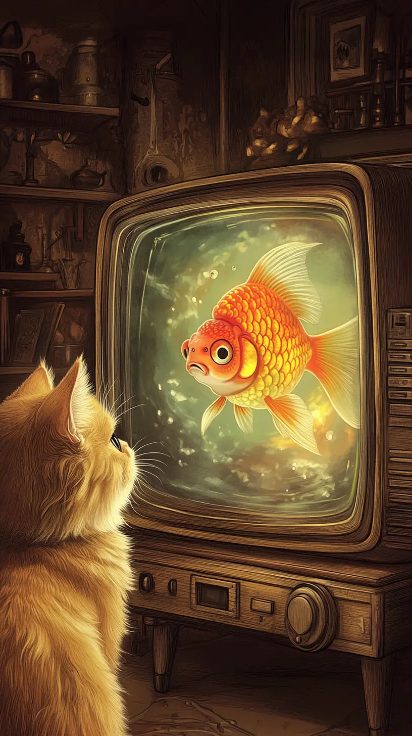 Neugierige rote Katze beobachtet Goldfisch auf Vintage-Fernseher