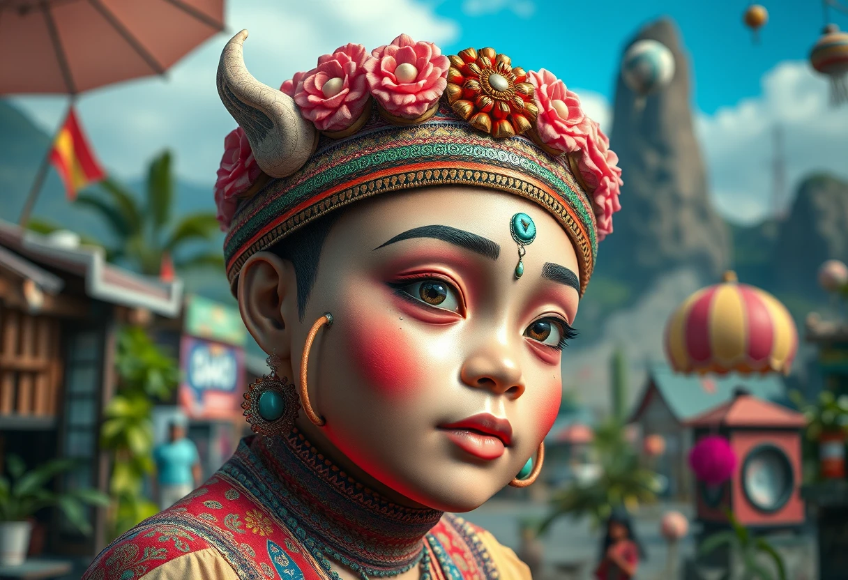 Scène pop surréaliste fantaisiste mêlant beauté asiatique et liberté