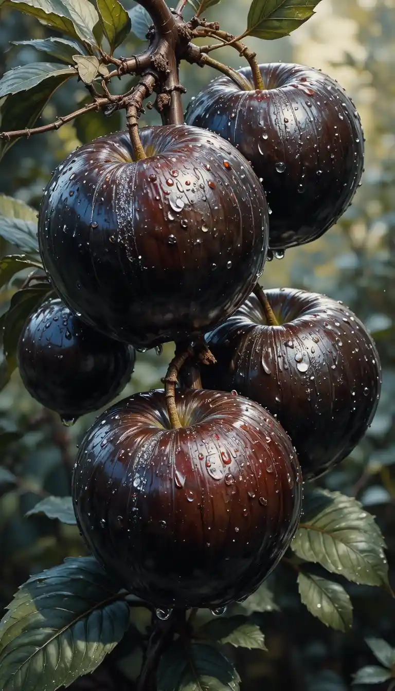 Pommes noires sur une branche de jardin avec des gouttes d’eau scintillantes