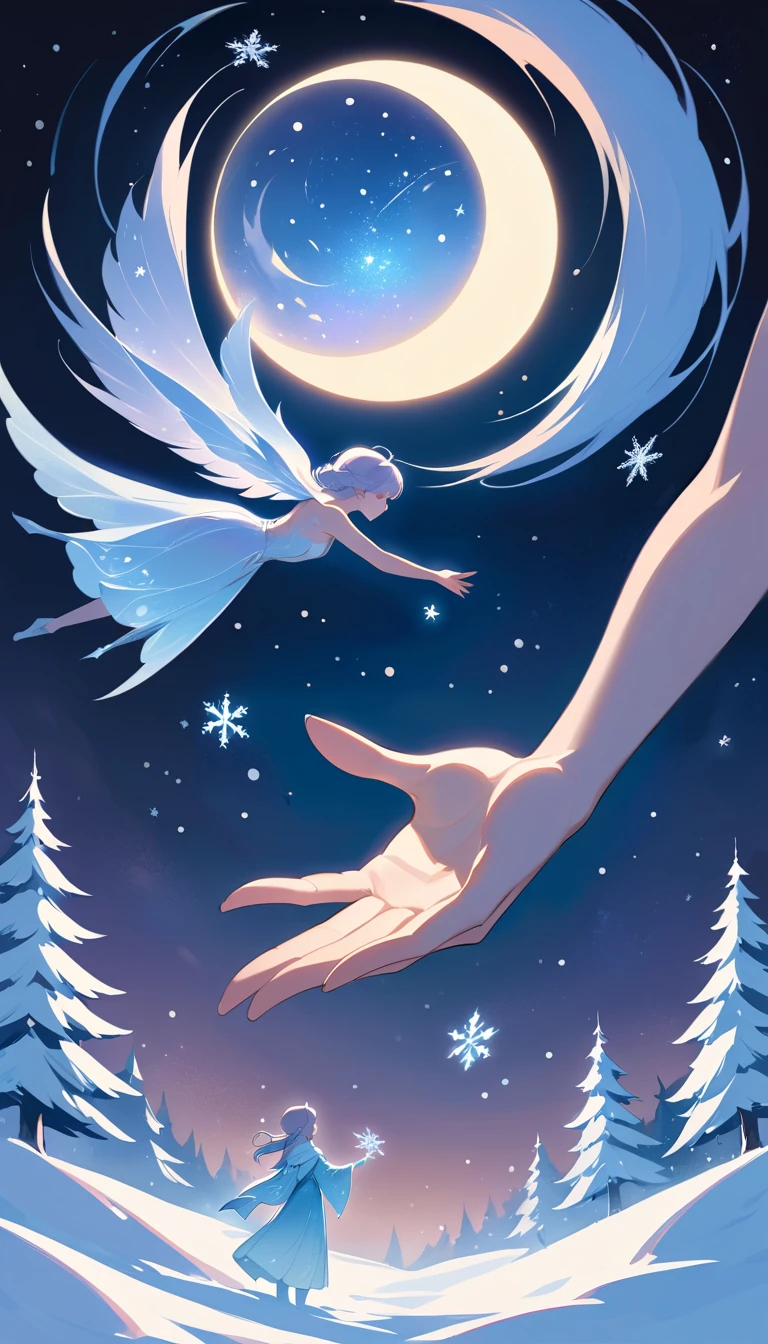 Hand greift nach Schneeflocken in einer stillen Winternacht