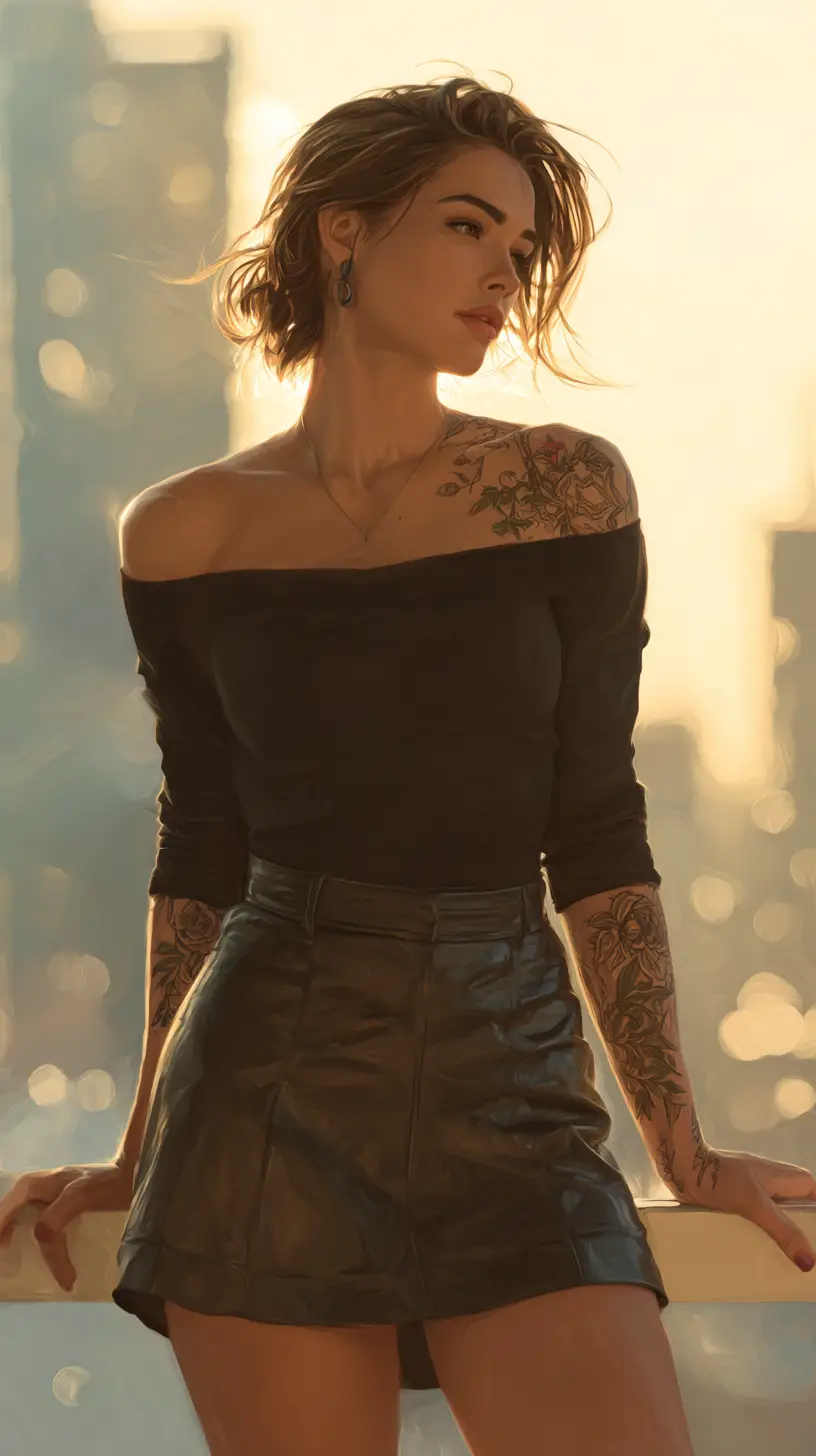 黃昏金色時刻城市中的運動系女性人像
