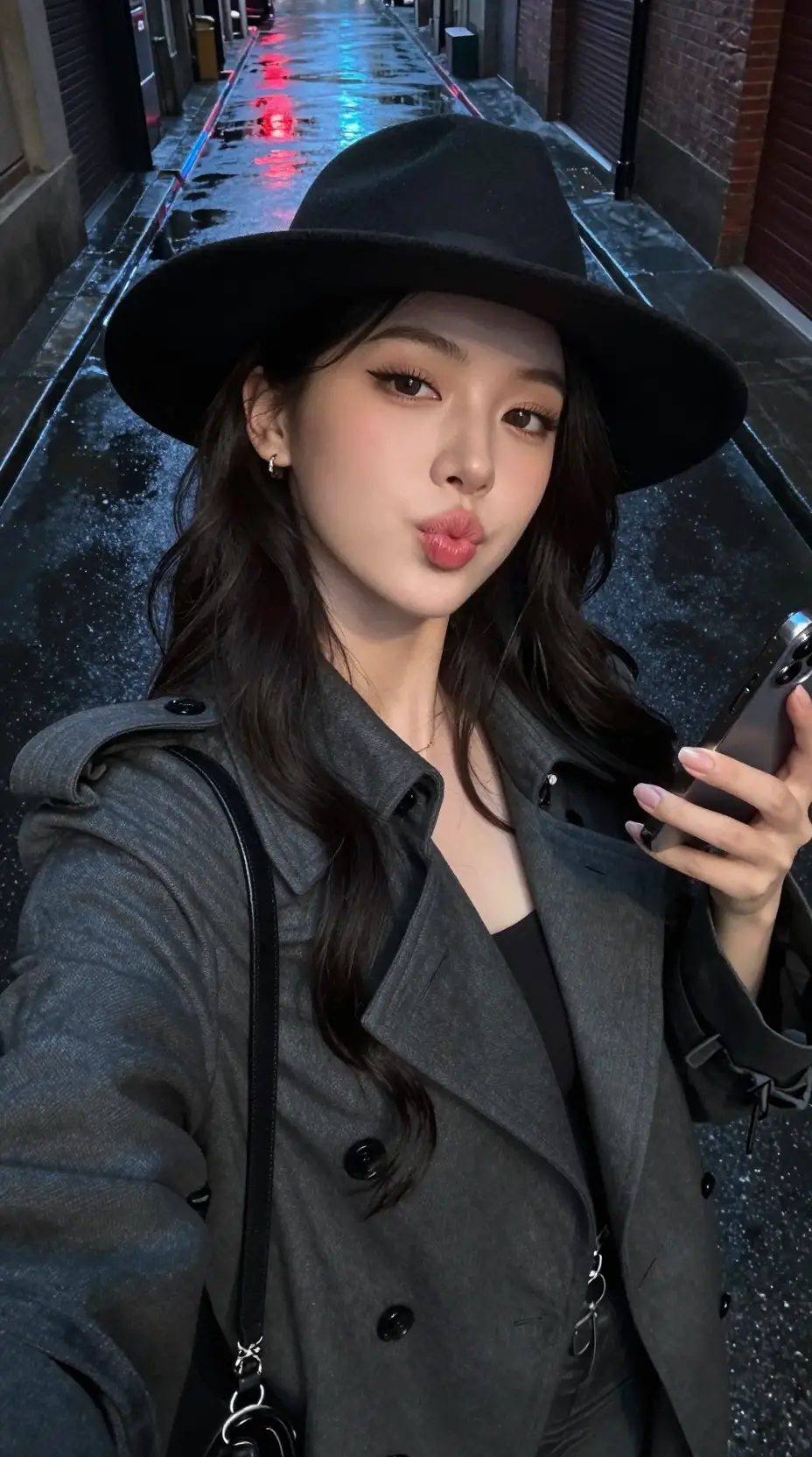 Stylish woman taking selfie in neon lit rainy alley