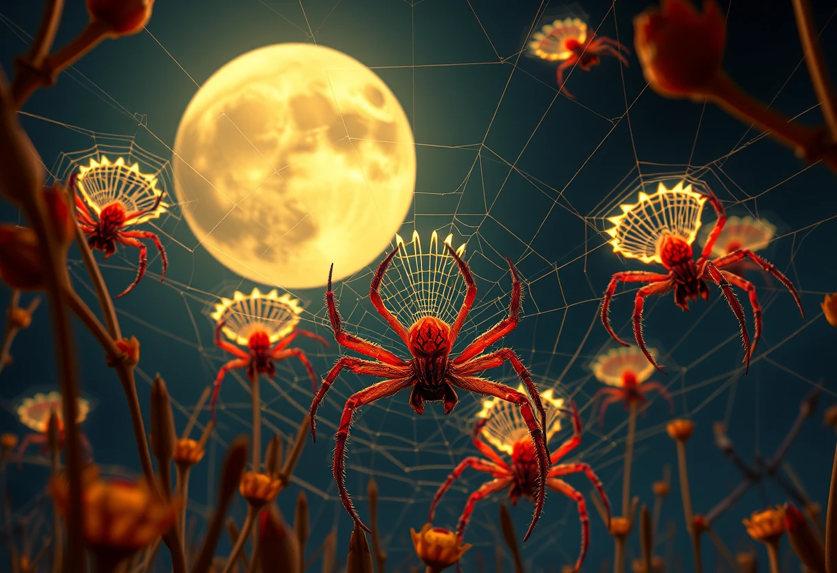 Aranhas escarlates tecendo uma coroa luminosa sob a lua da colheita