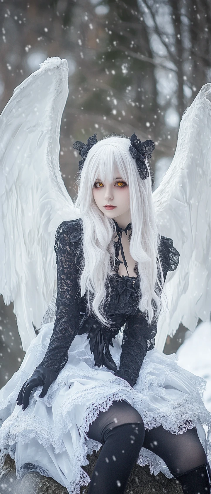 Fille aux cheveux blancs avec des ailes sur un rocher sous la neige
