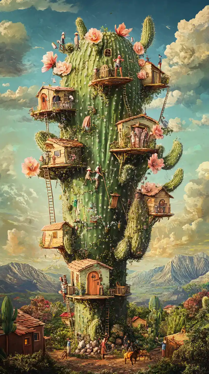 Riesiger Kaktus mit Blüten und winzigen Baumhäusern in der Wüste