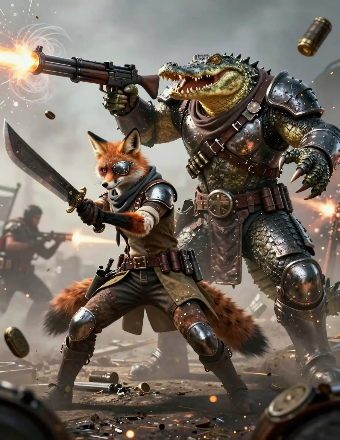 Guerrieri volpe e alligatore in lotta in un'imboscata dieselpunk